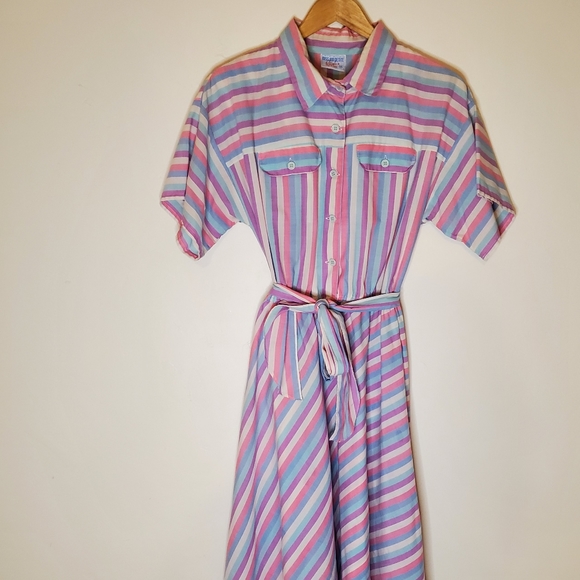 Pink Bubblegum White, Blue and Purple Striped 80s Short Sleeve Shirt Dress - Picture 7 of 15